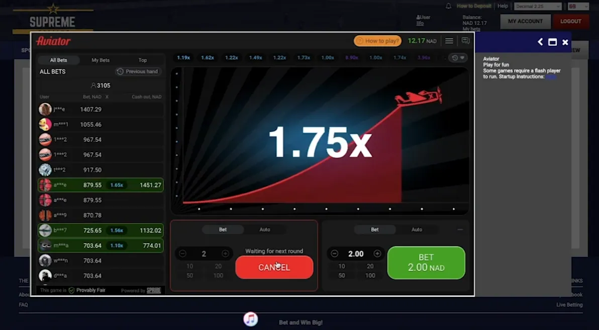 Aviator game open on Supreme Betting with account balance, My Account and Logout buttons in the header