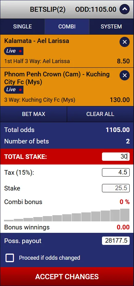 Supreme Betting combi bet slip showing total odds, 15% tax line, combi bonus and possible payout