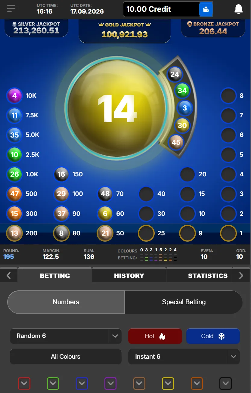 Supreme Betting Bingo Lucky6 draw screen with ball payouts and silver, gold and bronze jackpots