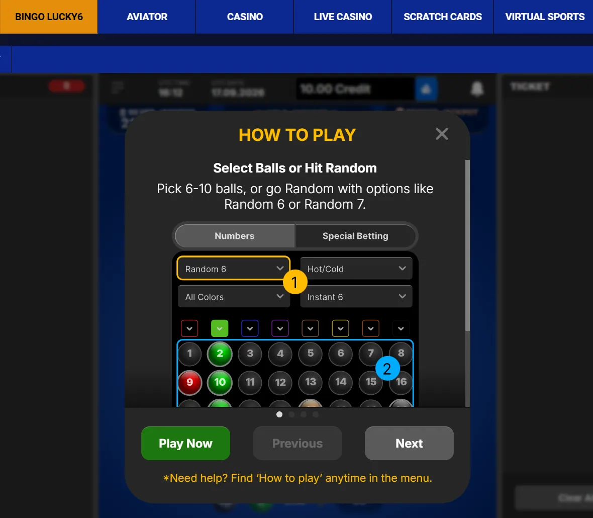 Bingo Lucky6 How to Play window explaining ball selection and random options