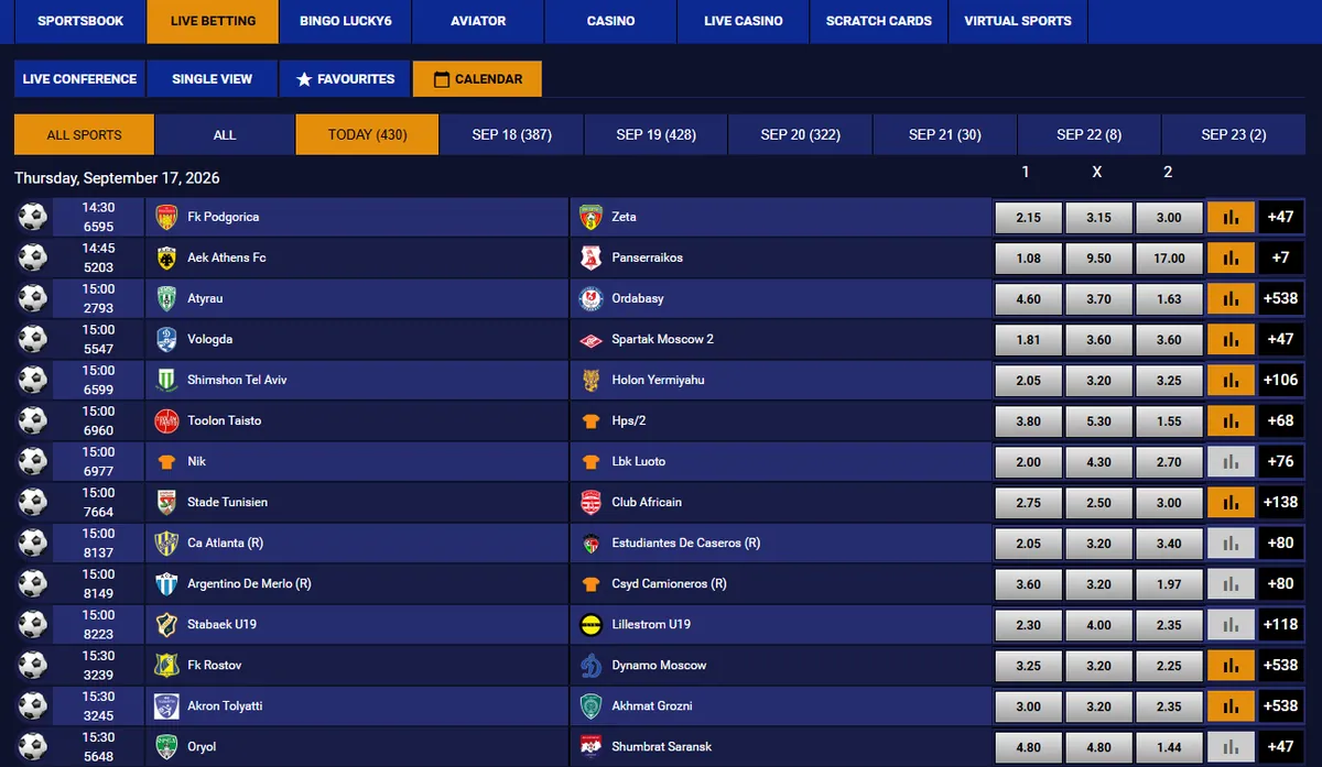 Supreme Betting calendar filter with events grouped by date and 3-way odds