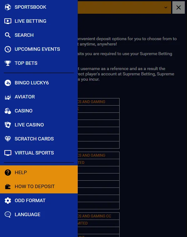 Supreme Betting menu with Help and How to Deposit items highlighted