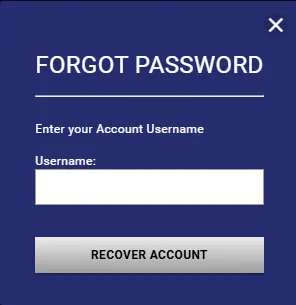 Supreme Betting Forgot Password window asking for the account username and Recover Account button