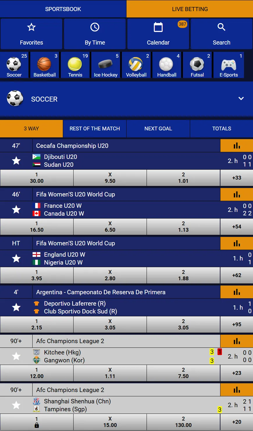 Live betting on Supreme Betting mobile with sport icons, match list and 3 Way odds
