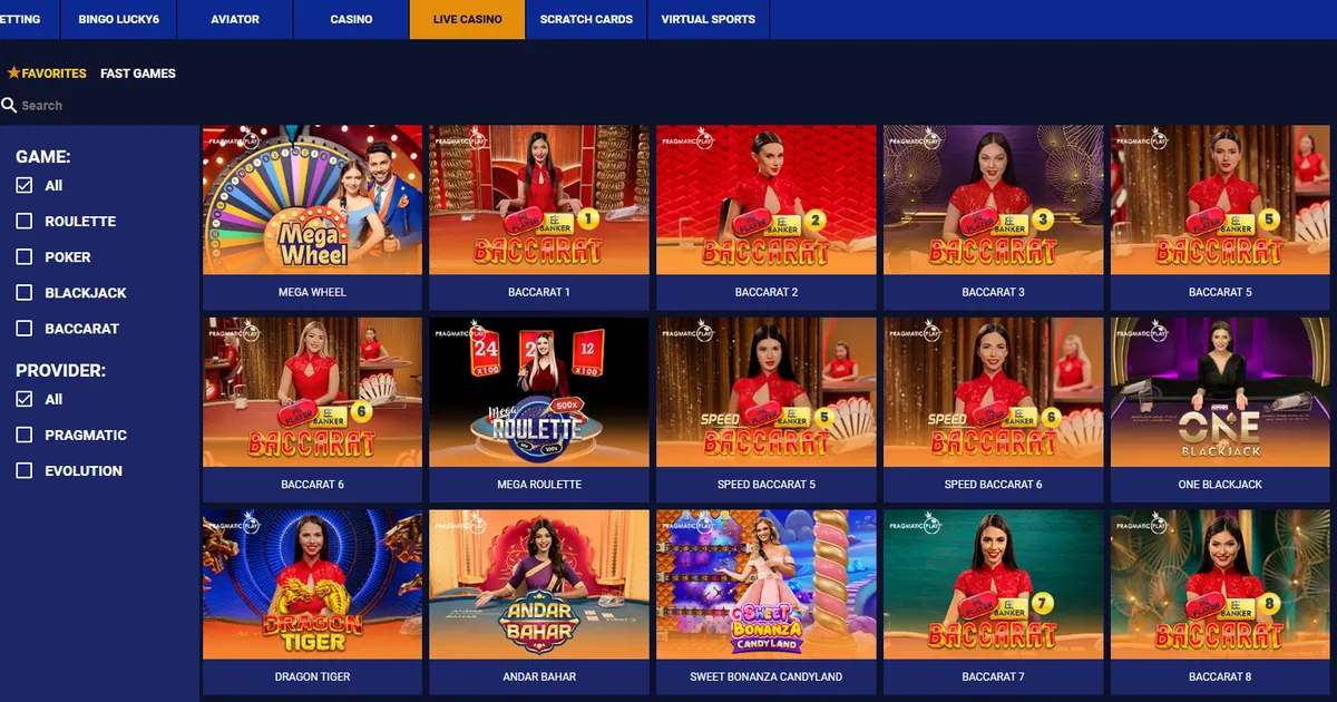 Supreme Betting live casino lobby with baccarat, roulette, blackjack and game show tables