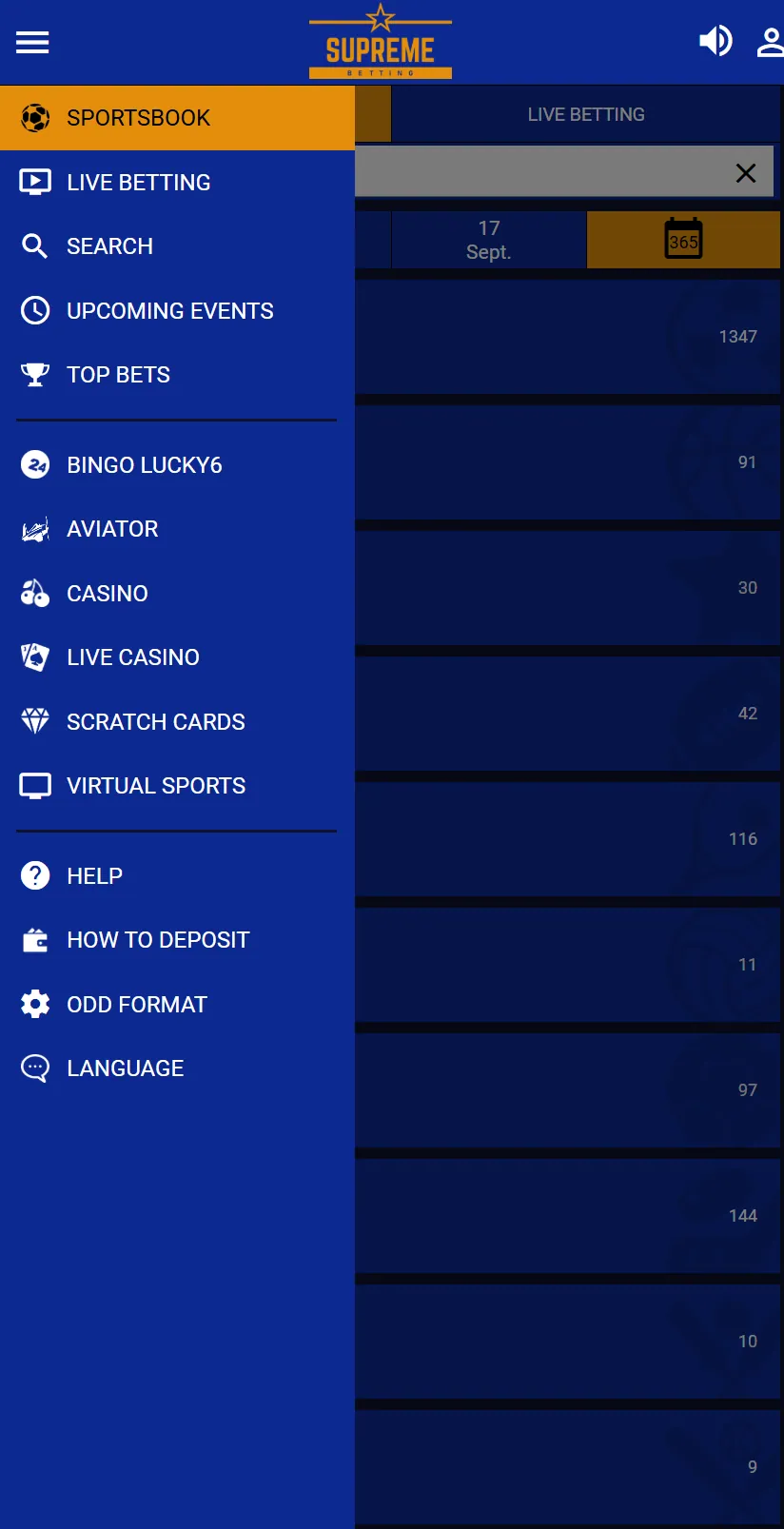 Supreme Betting mobile menu with sportsbook, live betting, casino and help items