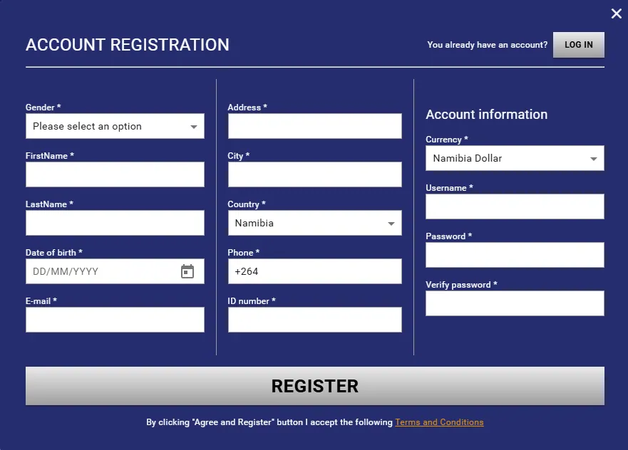 Supreme Betting account registration form with personal details, ID number and Namibia Dollar currency