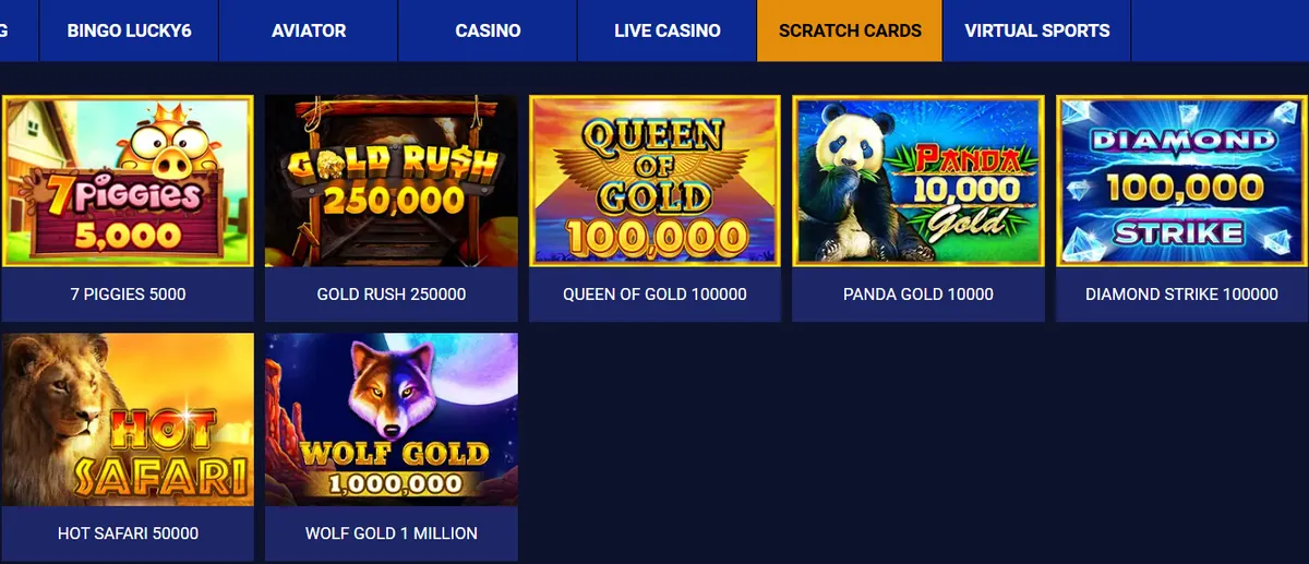 Supreme Betting scratch cards including Gold Rush 250000, Queen of Gold and Wolf Gold 1 Million