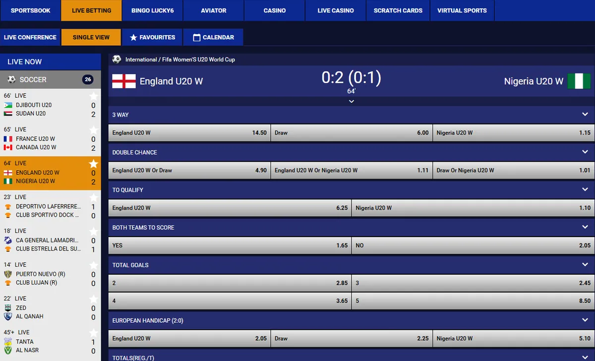 Single View of a football match on Supreme Betting with 3 Way, Double Chance, Both Teams To Score and handicap markets
